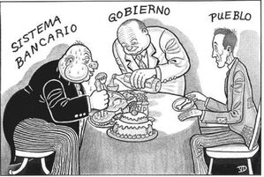 Das Banksystem (links), der Staat (mitte), das Volk (rechts)